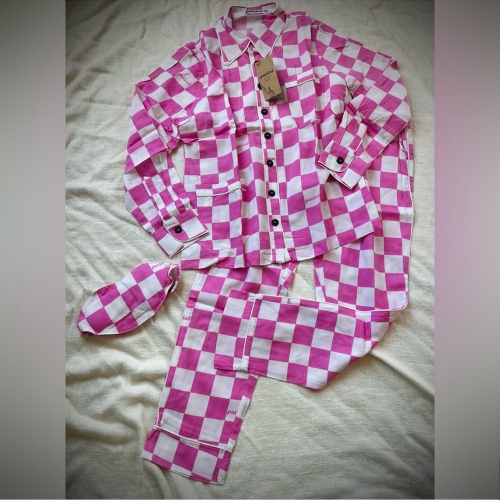 Pink Pajamas Checkered Women’s Small Set Pants Top Eye Mask Coconut Buttons